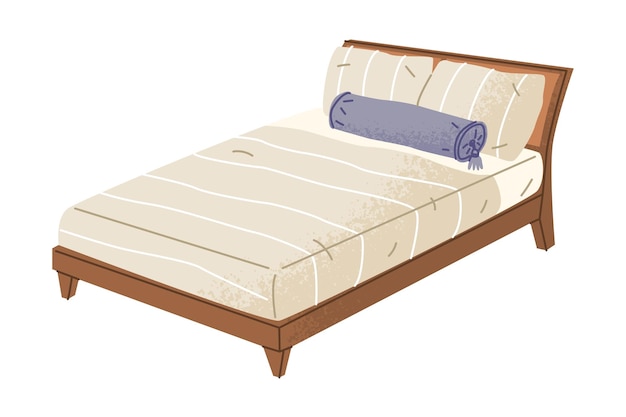 Una simple cama doble de madera con una decoración lacónica y una larga almohada púrpura Sábanas decoración del dormitorio interior acogedor de la casa Ilustración vectorial aislada al estilo de dibujos animados