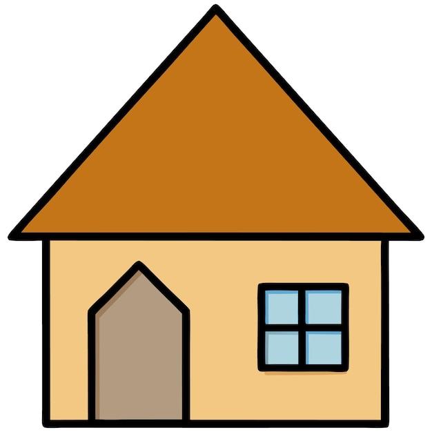 Simple casa de dibujos animados con techo marrón, puerta y ventana cuadrada