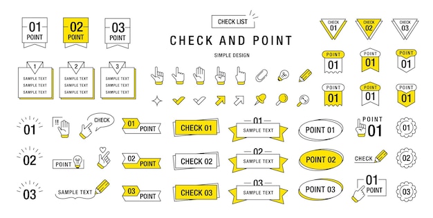 Simple check and point Checkmarks and pointer icons Japanese line minimalistic title frame text speech bubble frame ribbon banner cursors sticker Notes elements Vector set