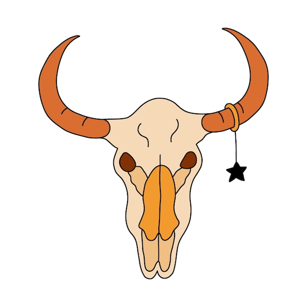 Vector simple y colorido garabato de cráneo de toro con arete de estrella en el cuerno con contorno dibujado a mano retrato de esqueleto de cabeza de cráneo de vaca en vista frontal signo de vaquero cultura occidental vaquera texas