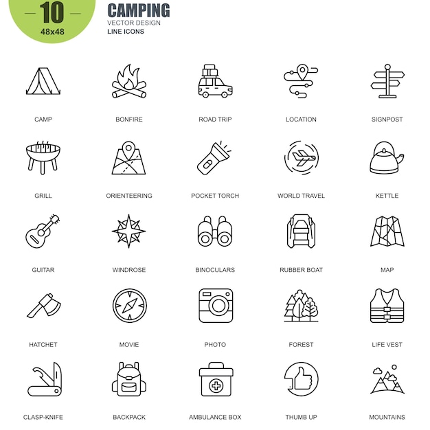 Simple conjunto de iconos de línea de Vector relacionados con camping