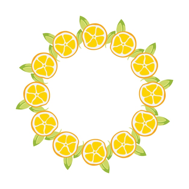 Simple corona de rodaja de limón amarillo con hojas verdes rodaja de marco de limón rodaja de cítricos y follaje