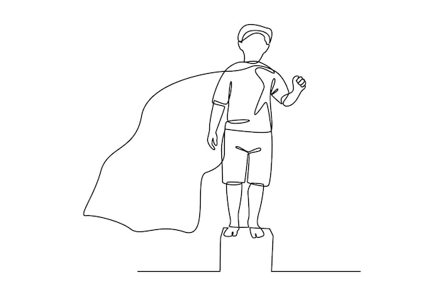 Un simple dibujo de línea continua de un niño pequeño se convierte en un héroe Héroe en el concepto de la vida real Héroe Pose