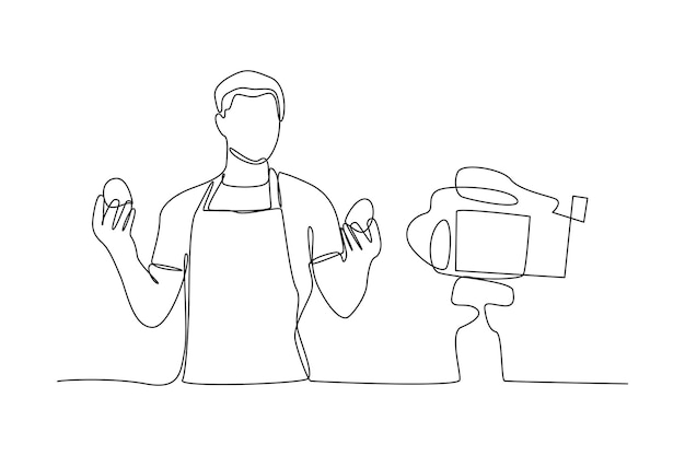 simple dibujo de línea continua de un vlogger de comida está filmando frente a la cámara Food vlogger concepto minimalista Gente de comida línea simple
