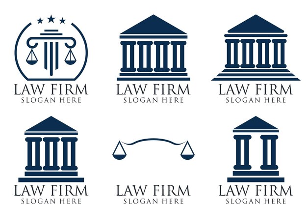 Vector simple y elegante colección de logotipos de bufetes de abogados logotipo de justicia conjunto de fondo azul y blanco