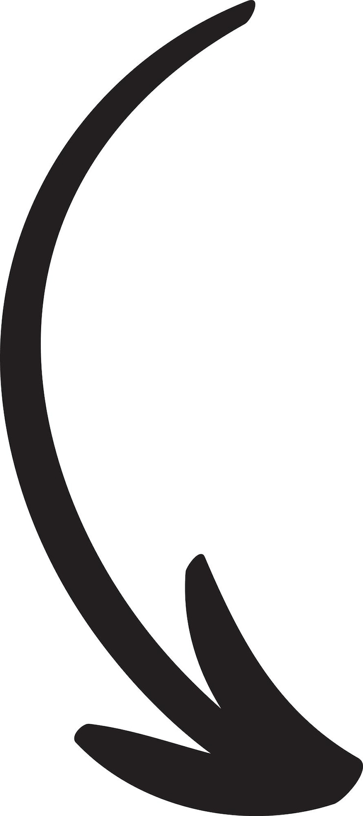 Vector simple flecha curva negra dibujada a mano que apunta hacia abajo aislada sobre un fondo blanco ideal para varios proyectos de diseño y presentaciones