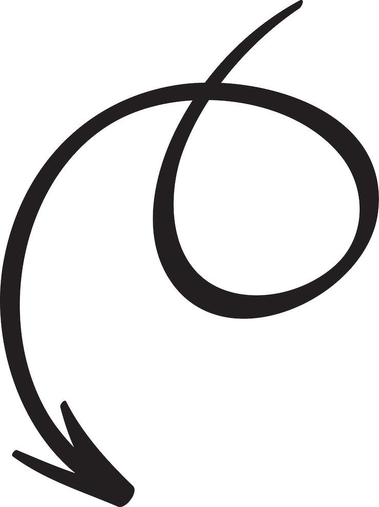 Vector una simple flecha negra dibujada a mano está apuntando hacia abajo haciendo un bucle y un florecimiento aislado en un fondo blanco que transmite una sensación de dirección y movimiento