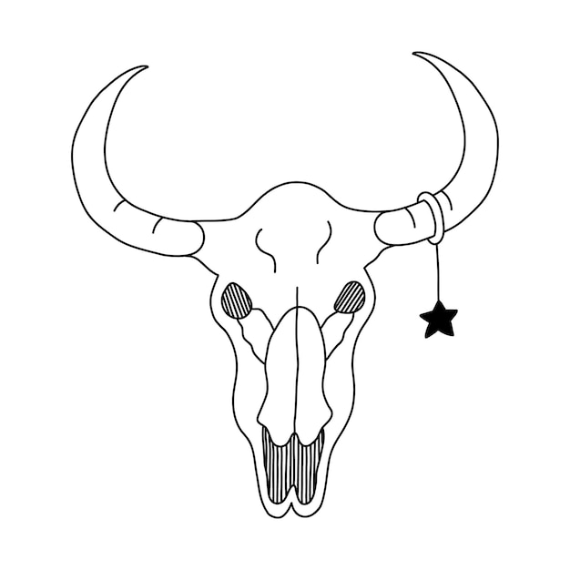 Simple garabato de cráneo de toro con arete de estrella en el cuerno con contorno dibujado a mano retrato de esqueleto de cabeza de cráneo de vaca en vista frontal signo de vaquero cultura occidental vaquera nativa americana texas