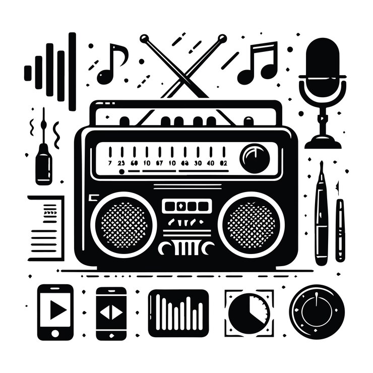 Vector un simple gráfico vectorial de un icono de radio que muestra un diseño de radio tradicional con una antena y botones de control