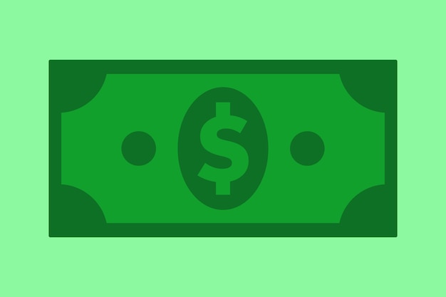 Un simple icono rectangular verde que representa un billete de dólar estadounidense con un gran signo de dólar en el centro