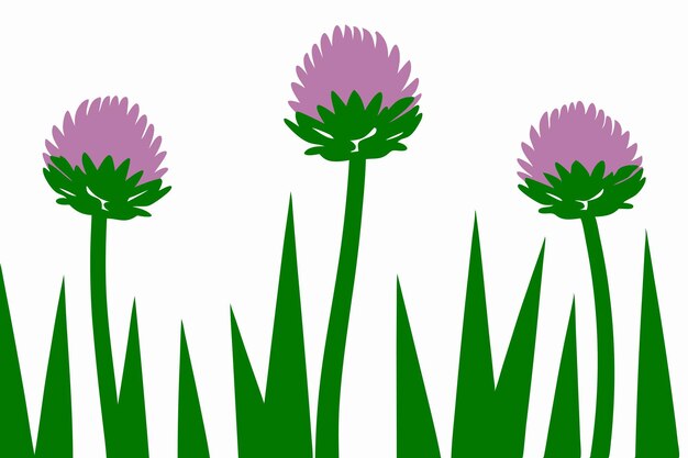 Simple illustration of three purple clover flowers with green stems and grass on white background