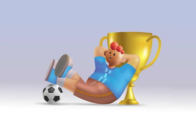 Simple ilustración en 3d de un jugador de fútbol que se relaja disfrutando de la victoria después de un partido