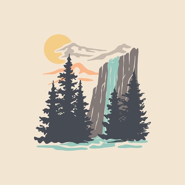 Simple ilustración de una cascada en las montañas