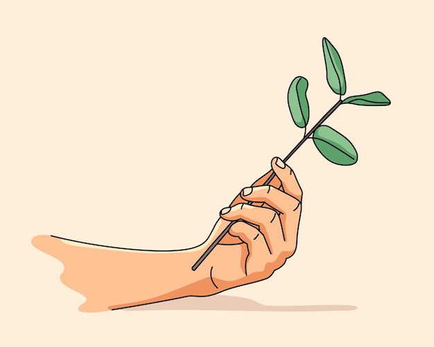 Una simple ilustración de estilo de dibujos animados de una mano sosteniendo una planta