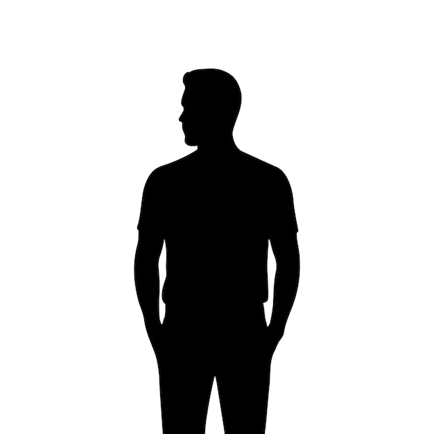 Una simple ilustración de silueta en blanco y negro de un hombre de pie con las manos en los bolsillos