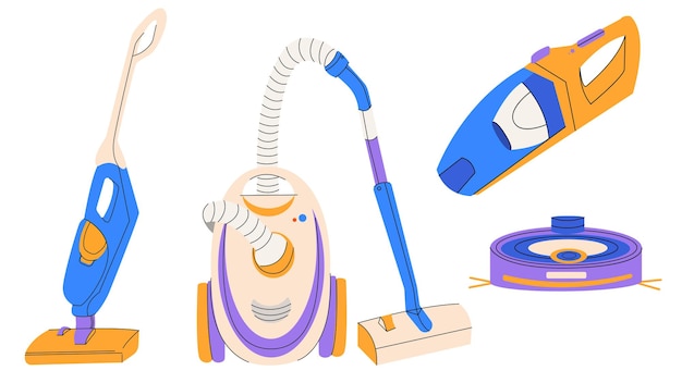Una simple ilustración vectorial de aspiradoras de diferentes tipos Tecnología moderna
