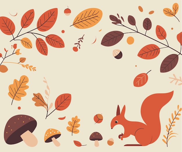 simple ilustración vectorial pancarta de hojas de otoño ardilla y setas