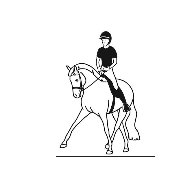 Un simple jinete de ilustración en blanco y negro y un caballo realizan elementos de medio pase de doma