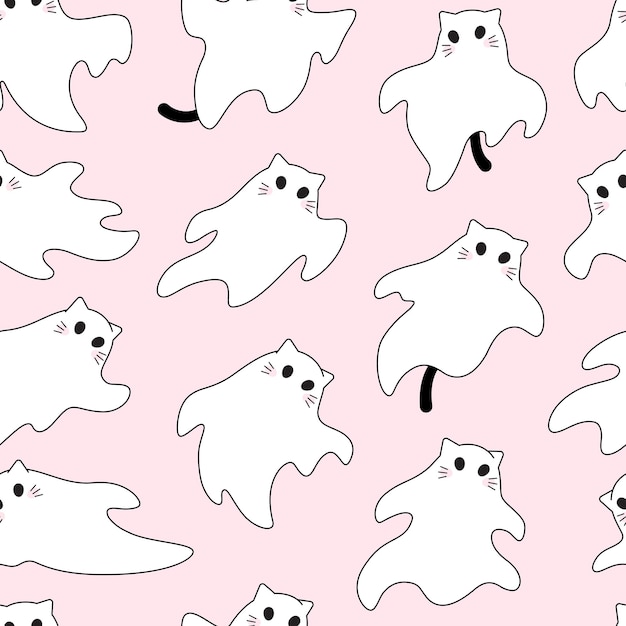 Simple lindo gato gatito fantasma personajes con colas bigotes vector transparente patrón de fondo