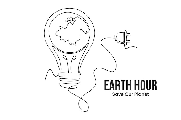 Simple línea continua dibujar bombilla de luz de la tierra con enchufe planeta Tierra plana en el espacio Tierra