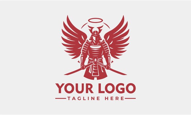 El simple logotipo del ángel guardián samurai es un dibujo de mano único para su logotipo que se muestra sobre un fondo blanco