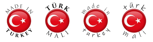 Vector simple made in turkey/ turk mali (traducción al turco) signo de botón 3d. texto alrededor del círculo con la bandera nacional. versión de fuente decente e informal.