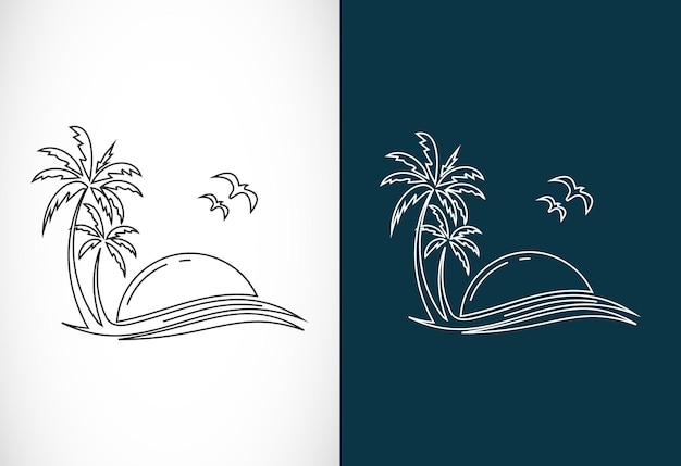 Simple, moderno, único, playa tropical, línea, arte, logotipo, diseño, vector, ilustración