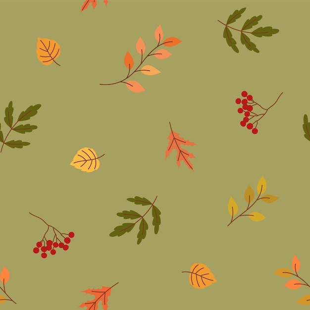 Vector simple otoño de patrones sin fisuras con hojas sobre fondo verde