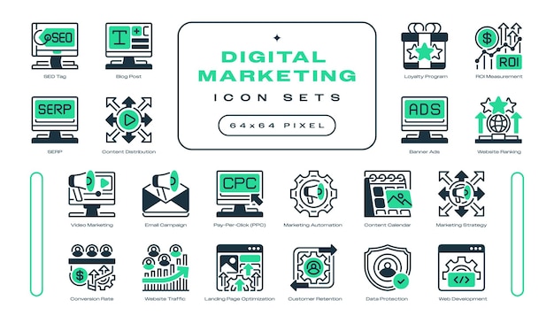 simple set of digital marketing related vector line icons contains such outline icons as email campaign pay per click marketing strategy and more 64x64 pixel perfect