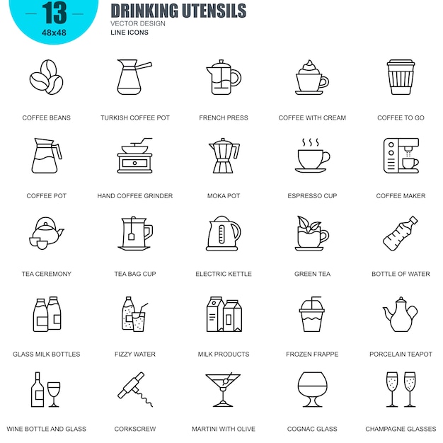 Simple set of drinking utensils related vector line icons