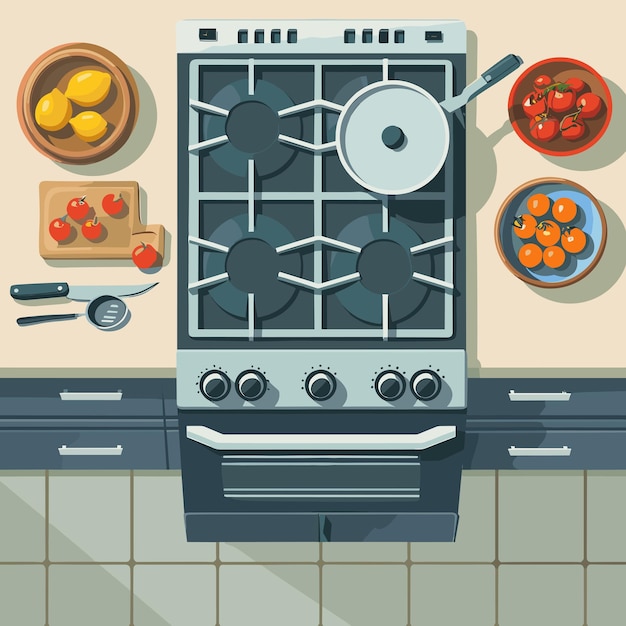 Vector simple topview ilustración plana de la estufa de cocción proceso de cocción con verduras en la estufa