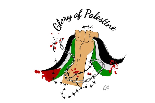 Simple vector mano dibujar boceto mano sosteniendo la bandera palestina más allá de la cadena rota rota con el texto Gloria de Palestina tablón de demostración aislado en blanco