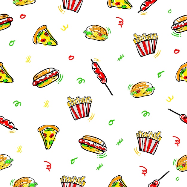 Simple Vector Seamless Hand Draw Sketch Background Vector Comida chatarra Burger Hotdog Salchicha Papas fritas y pizza con garabato amarillo