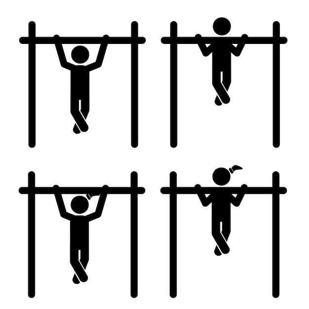 Simple vector set 2 stick man and woman workout pull up aislado en blanco