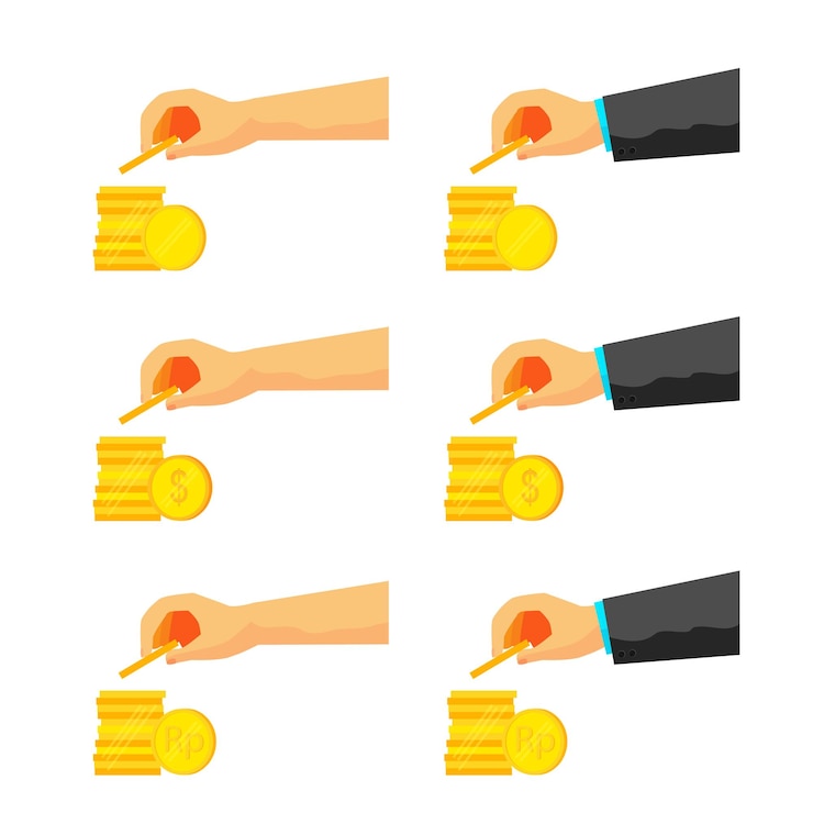 Vector simple vector set 6 ahorro de mano o toma de dinero moneda de oro aislada en blanco
