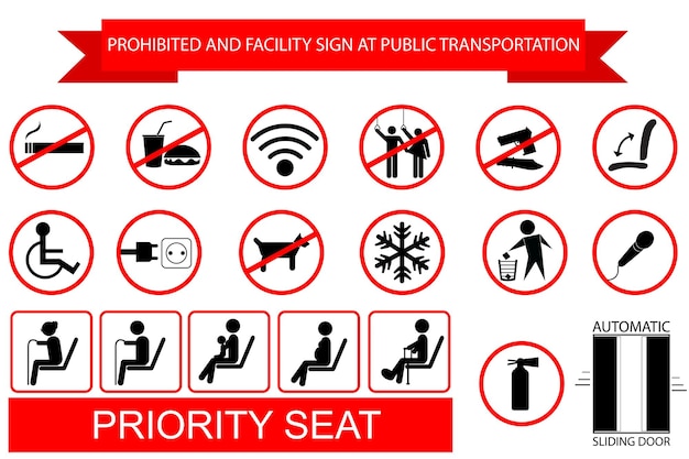 Simple vector sign set prohibido signo e instrucción en el transporte público