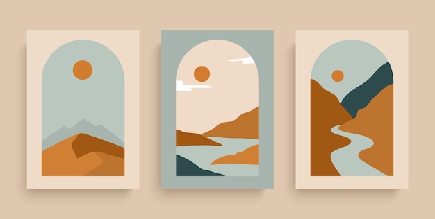 Simplemente carteles vectoriales con ríos, desierto, sol y montañas.