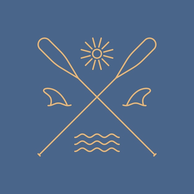 Simplemente cuatro elementos de canoa de tiburón de olas y sol divididos por remo de canoa en arte de línea mono para ropa de camiseta de etiqueta de insignia, etc.