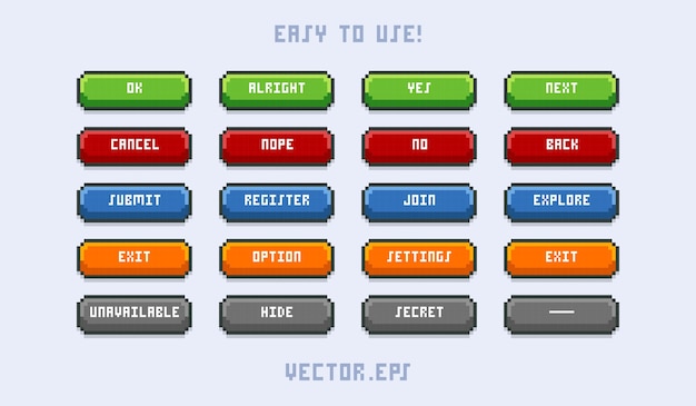 Simplemente juego de colección ui botón en pixel art lindo estilo vibrante fondo azul blanco suave
