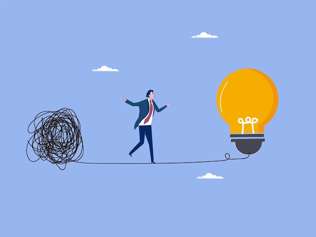 Simplificar la idea para encontrar la solución proceso de pensamiento o creatividad para resolver el problema descubrir una manera fácil de entender el concepto hombre de negocios inteligente alejándose del caos confusión línea a simple idea de bombilla