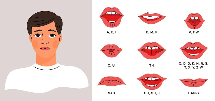Vector sincronización de la boca masculina con letras pronunciadas labios de dibujos animados en diferentes posiciones que coinciden con el sonido aprende inglés hombre pronunciando el alfabeto expresiones de la cara triste y feliz concepto de vector llamativo