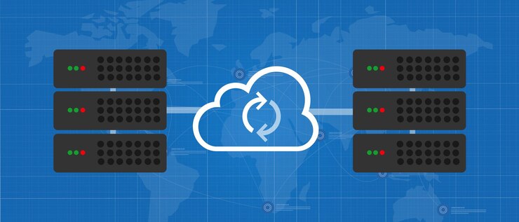 Vector sincronización de datos del servidor que refleja el concepto de sincronización global en la tecnología en la nube