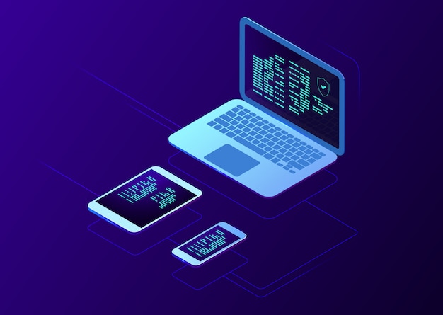 Sincronización de dispositivos inteligentes, tecnología de almacenamiento en la nube isométrica, transferencia de archivos, usuario de autorización en dos etapas, icono de tableta de teléfono inteligente portátil, fondo degradado oscuro de neón