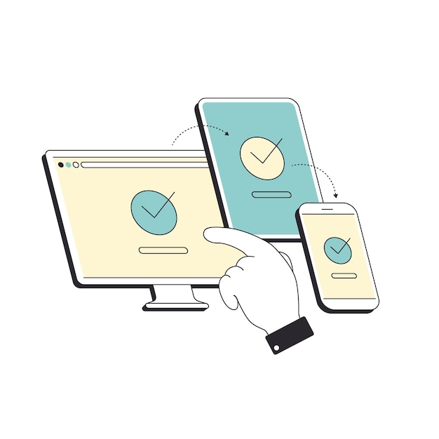 Sincronización entre dispositivos y software entre plataformas con ilustración de líneas simples