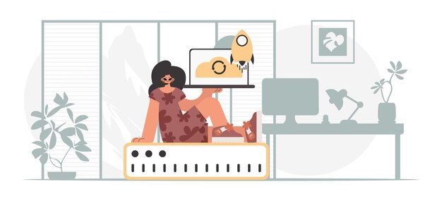 Sincronización y seguridad del concepto de capacidad de datos La mujer energizada sostiene una nube de datos y un servidor Ilustración vectorial de estilo moderno