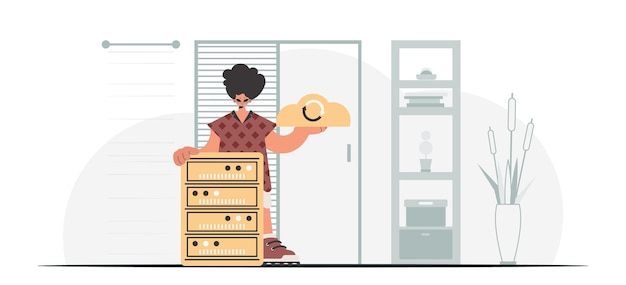 Sincronización y seguridad del concepto de capacidad de datos El niño sostiene una nube de datos y un servidor Ilustración vectorial de estilo moderno
