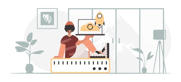 Sincronización y seguridad del concepto de capacidad de datos El niño sostiene una nube de datos y un servidor Ilustración vectorial de estilo moderno