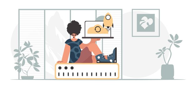 Sincronización y seguridad del concepto de capacidad de datos El niño sostiene una nube de datos y un servidor Ilustración vectorial de estilo moderno