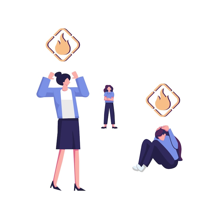 Vector síndrome de agotamiento empleados agotados en el trabajo ayuda profesional de un psicólogo ilustración de vector plano