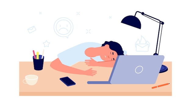 Síndrome de burnout. Agotado en el trabajo, el hombre cansado duerme en el escritorio de la oficina. Estrés o frustrado, concepto de sobrecarga de persona de dibujos animados. Fatiga del trabajador, Ilustración de vector de dilación. Hombre de estrés de agotamiento